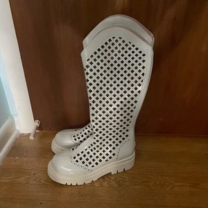 Perforated wide leg knee high boots